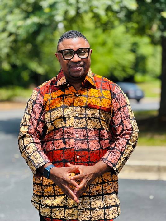 Men's READY-TO-WEAR Warm-Colored Block Pattern T-Shirt w/ Long Sleeves