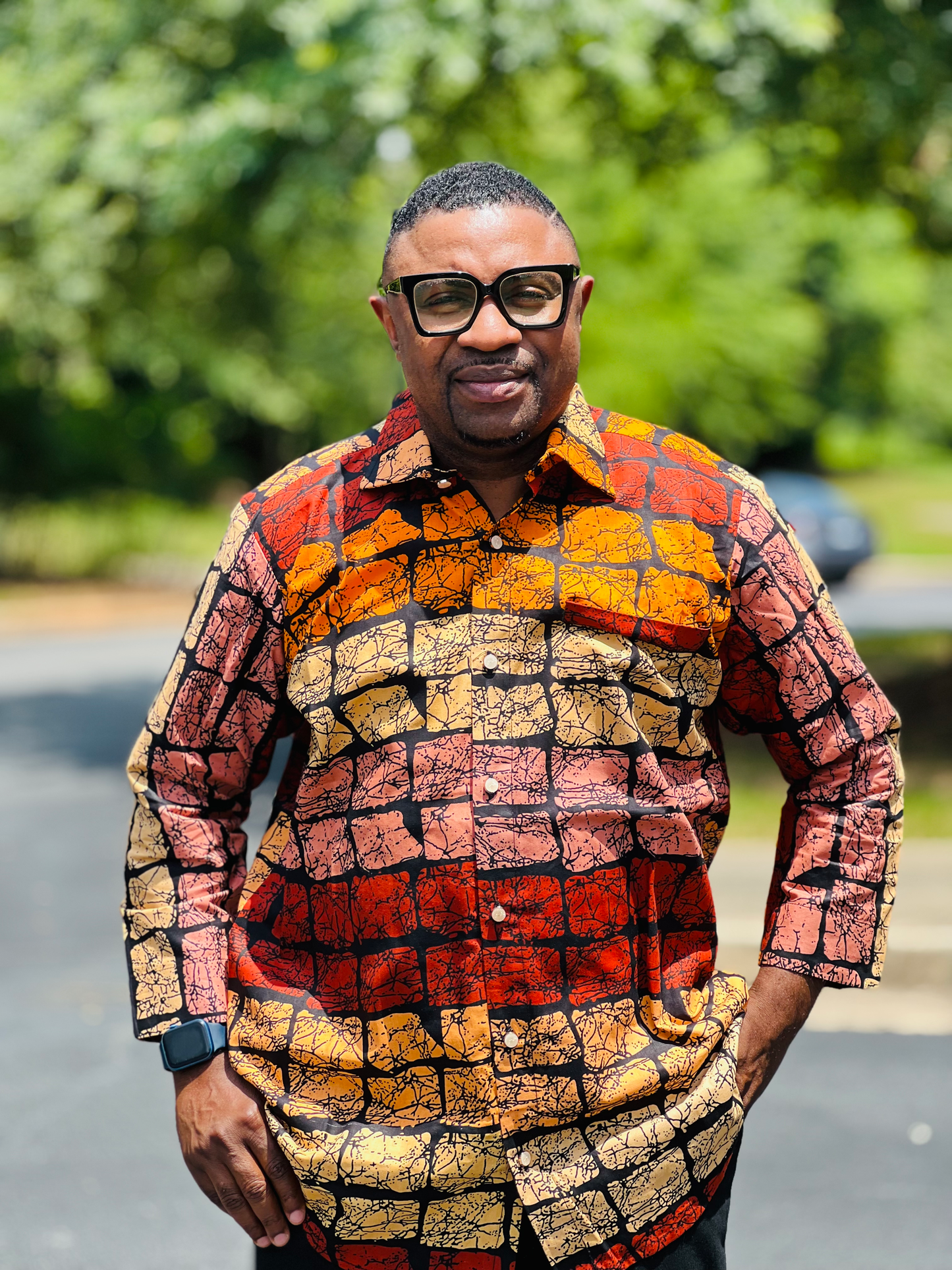 Men's READY-TO-WEAR Warm-Colored Block Pattern T-Shirt w/ Long Sleeves