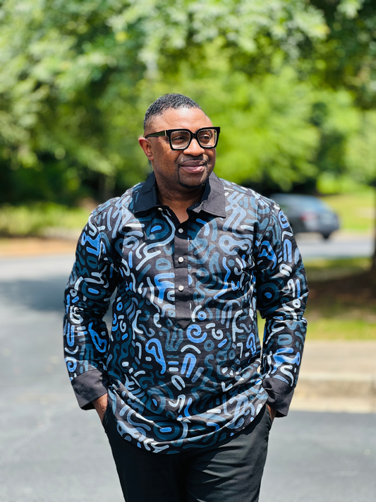 Men's READY-TO-WEAR Blue Abstract Designed T-Shirt w/ Long Sleeves