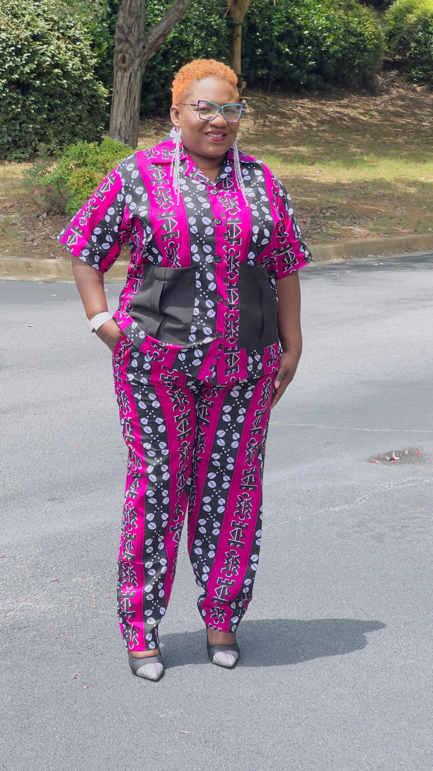 Women's Ankara Pink Patterned 2-Piece Set w/ Front Pockets