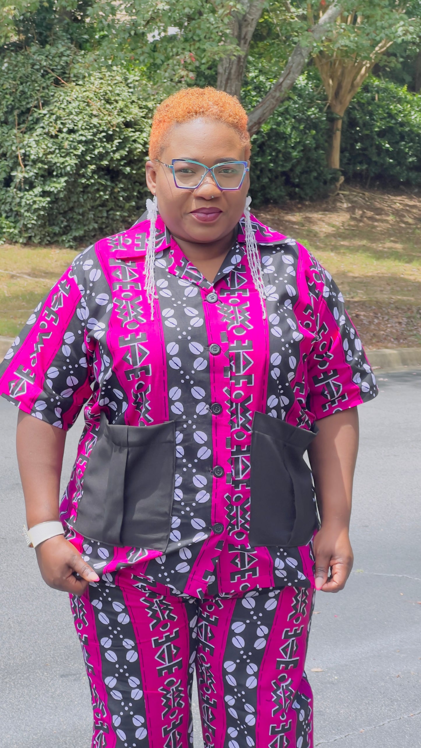 Women's Ankara Pink Patterned 2-Piece Set w/ Front Pockets