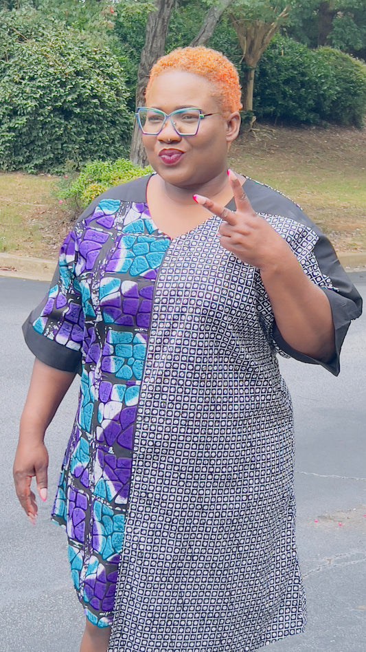 Women's Ankara Geometric/Abstract Patterned Dress w/ Front Pockets