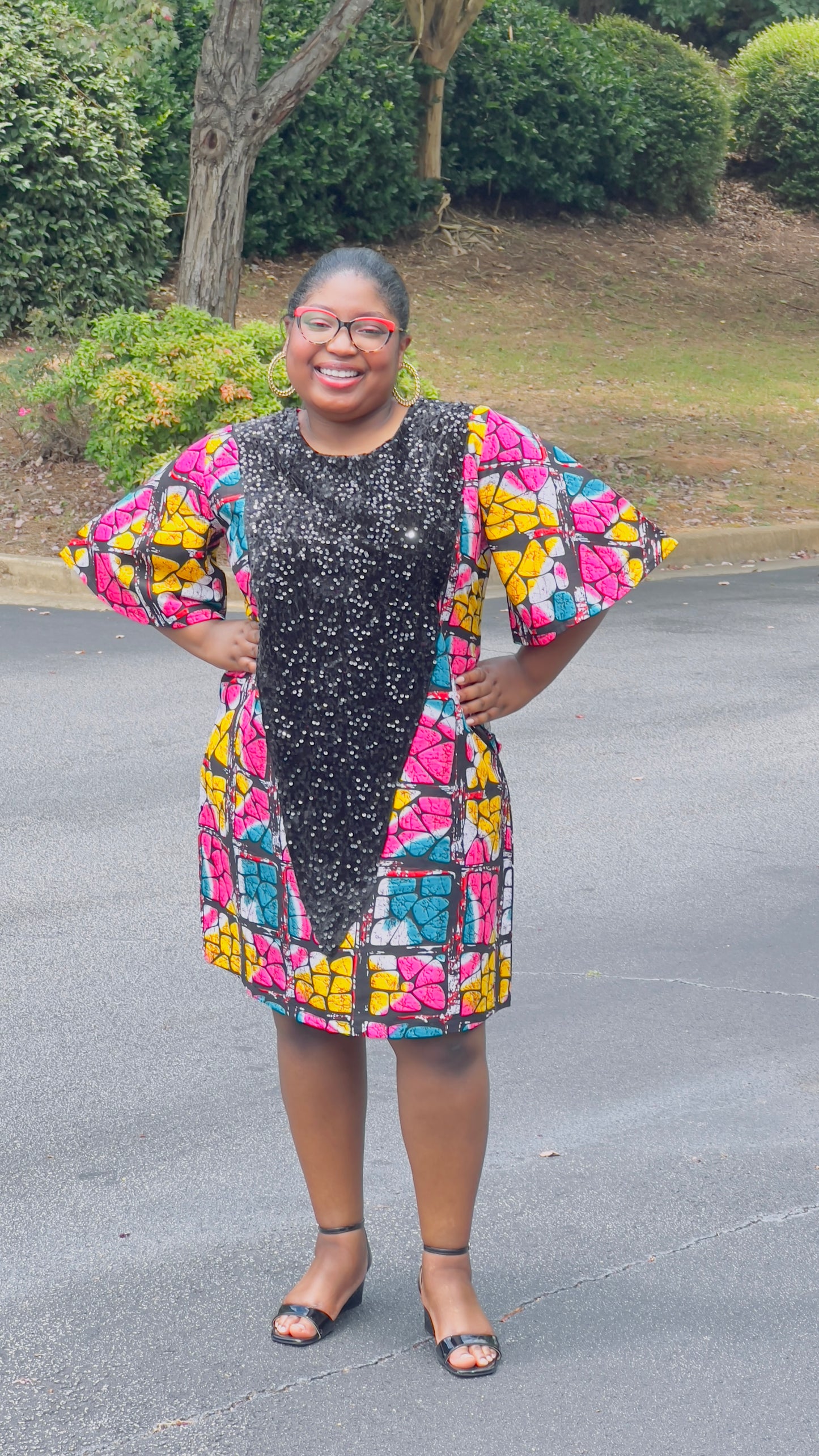 Women's Ankara Multi-Colored Blocky Pattern Dress w/ Front Pockets