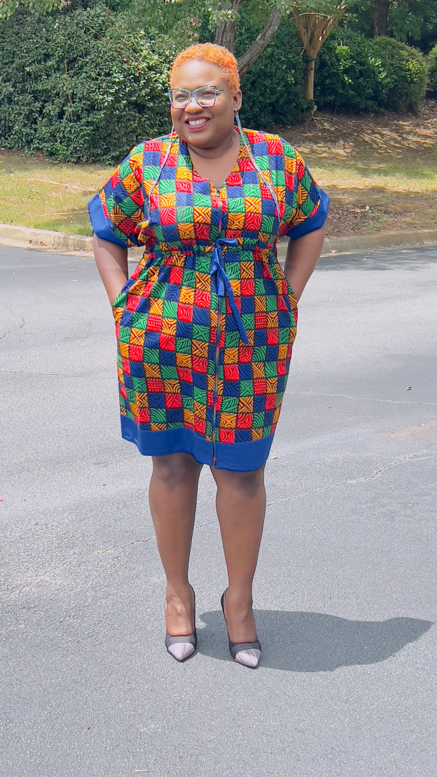 Women's Ankara Multi-Colored Tiled Pattern Dress w/ Front Pockets