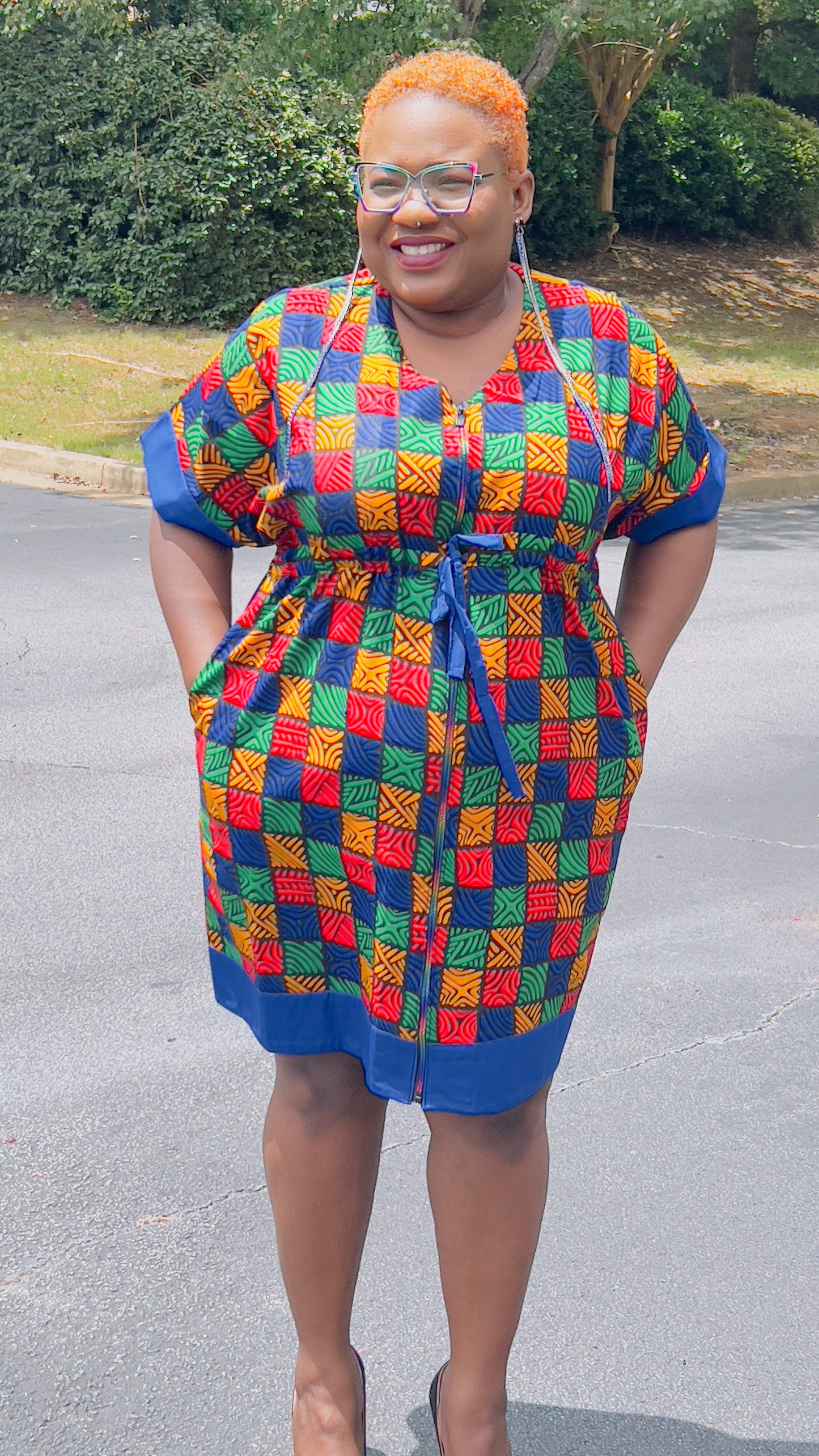 Women's Ankara Multi-Colored Tiled Pattern Dress w/ Front Pockets