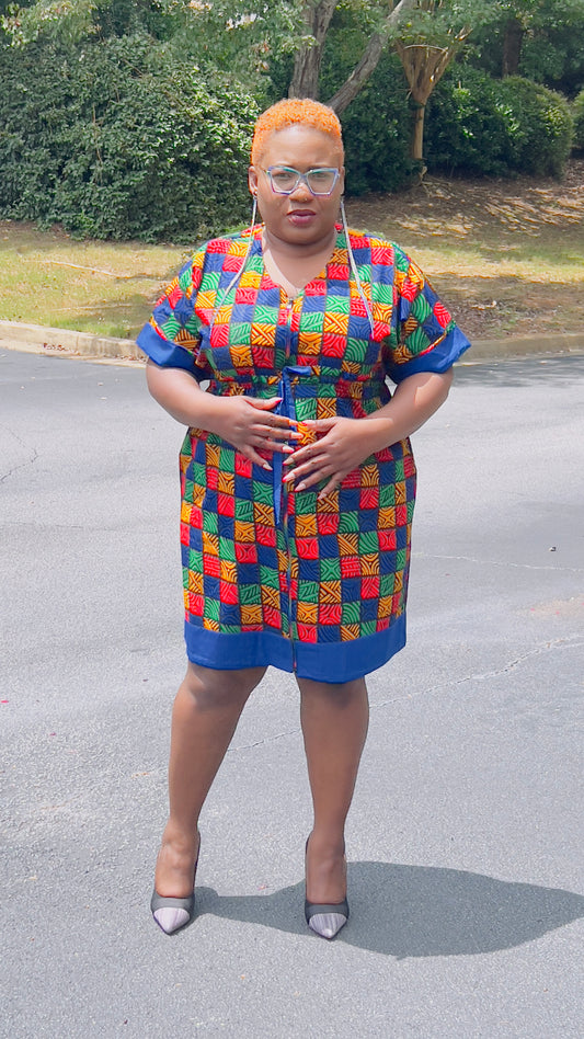 Women's Ankara Multi-Colored Tiled Pattern Dress w/ Front Pockets