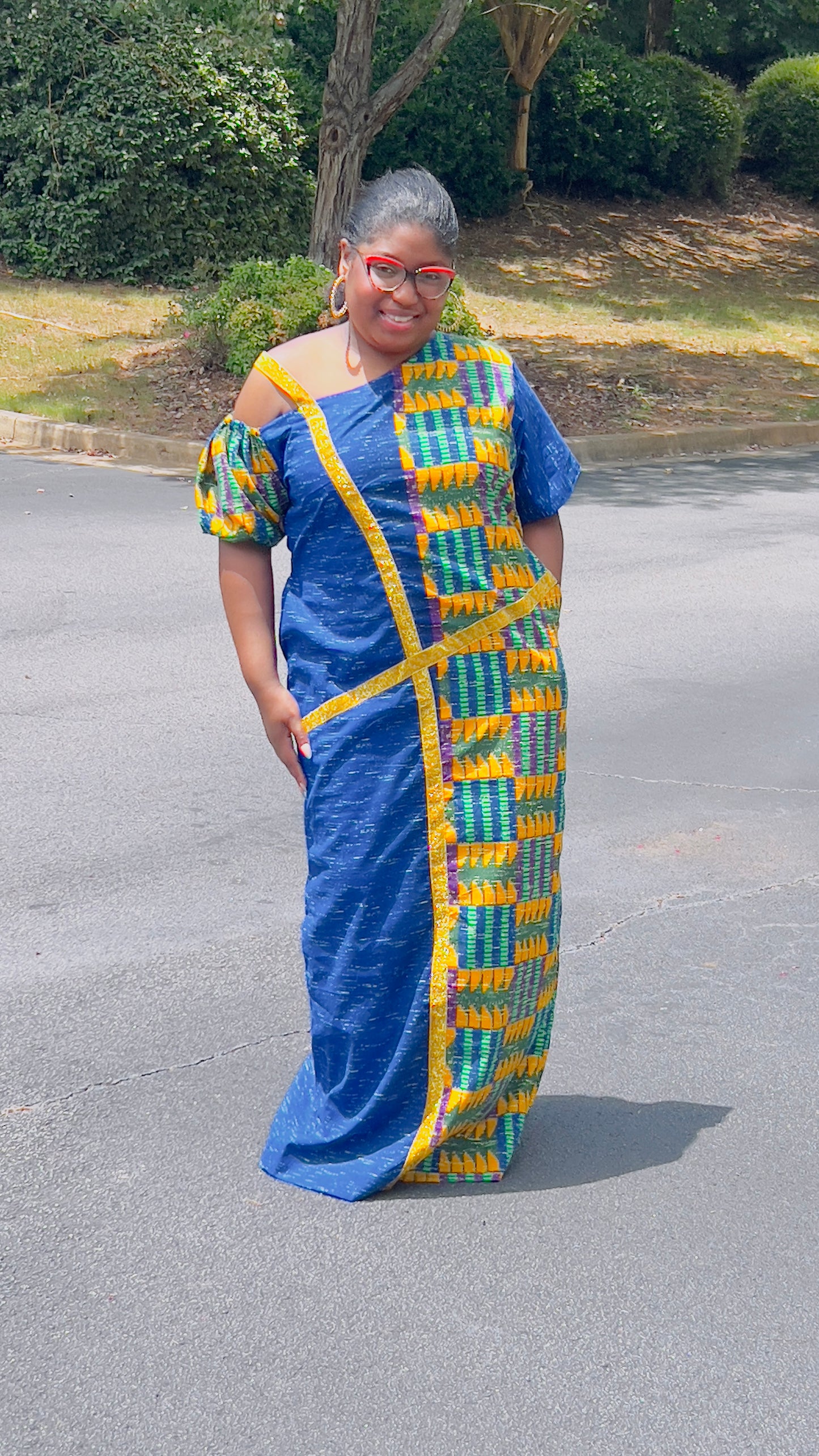 Women's Ankara Blue & Yellow Abstract Patterned Dress w/ Short Sleeves