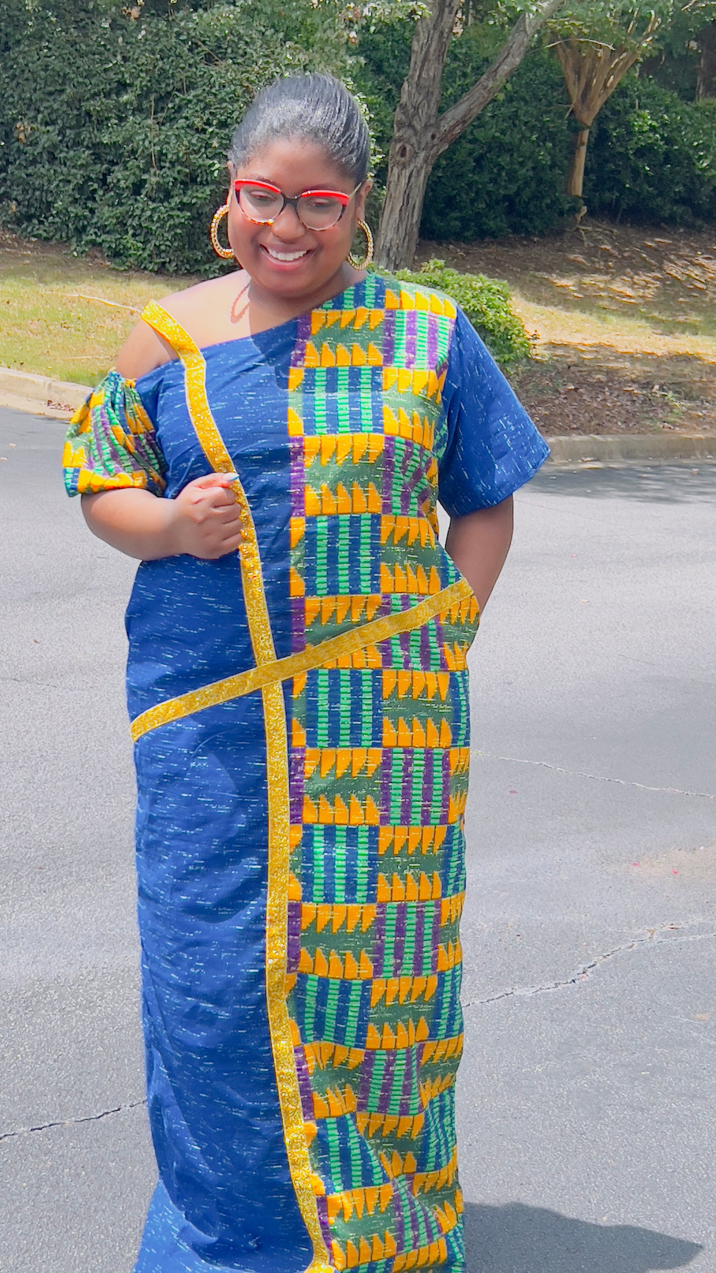Women's Ankara Blue & Yellow Abstract Patterned Dress w/ Short Sleeves