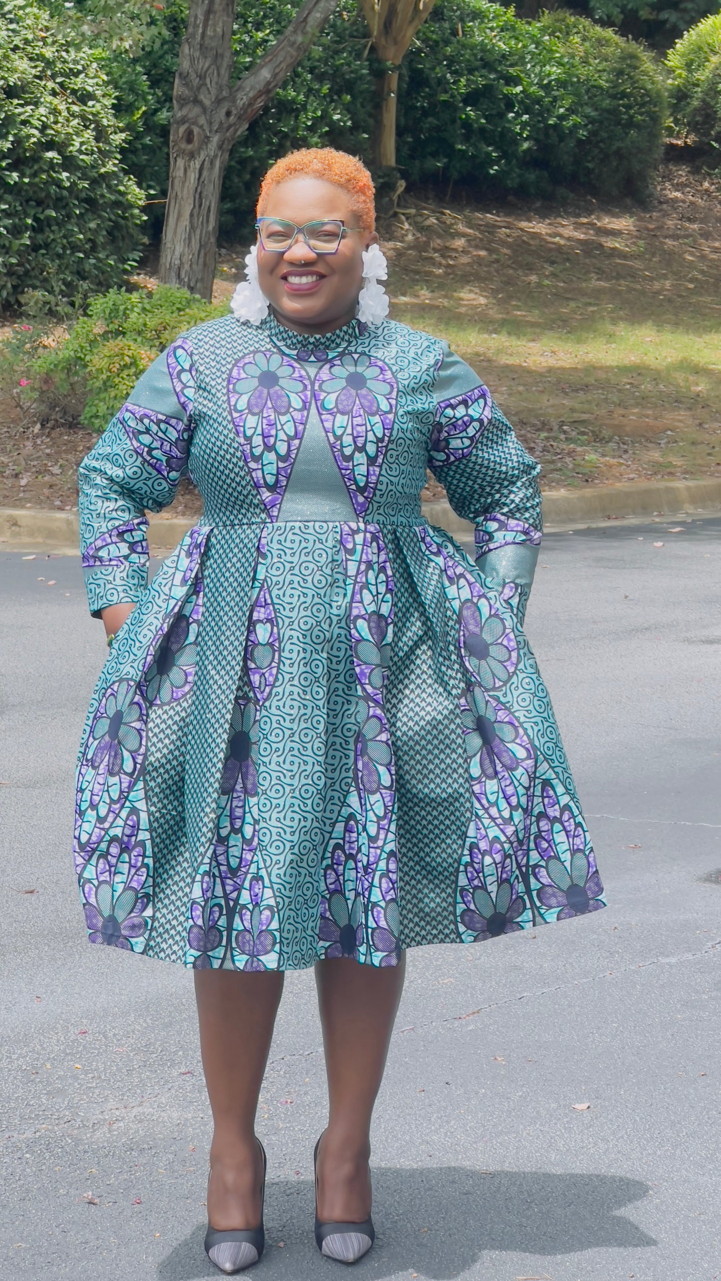 LIMITED EDITION Glitter Ankara Blue+Purple Ocean-Styled Women's Dress w/ Front Pockets