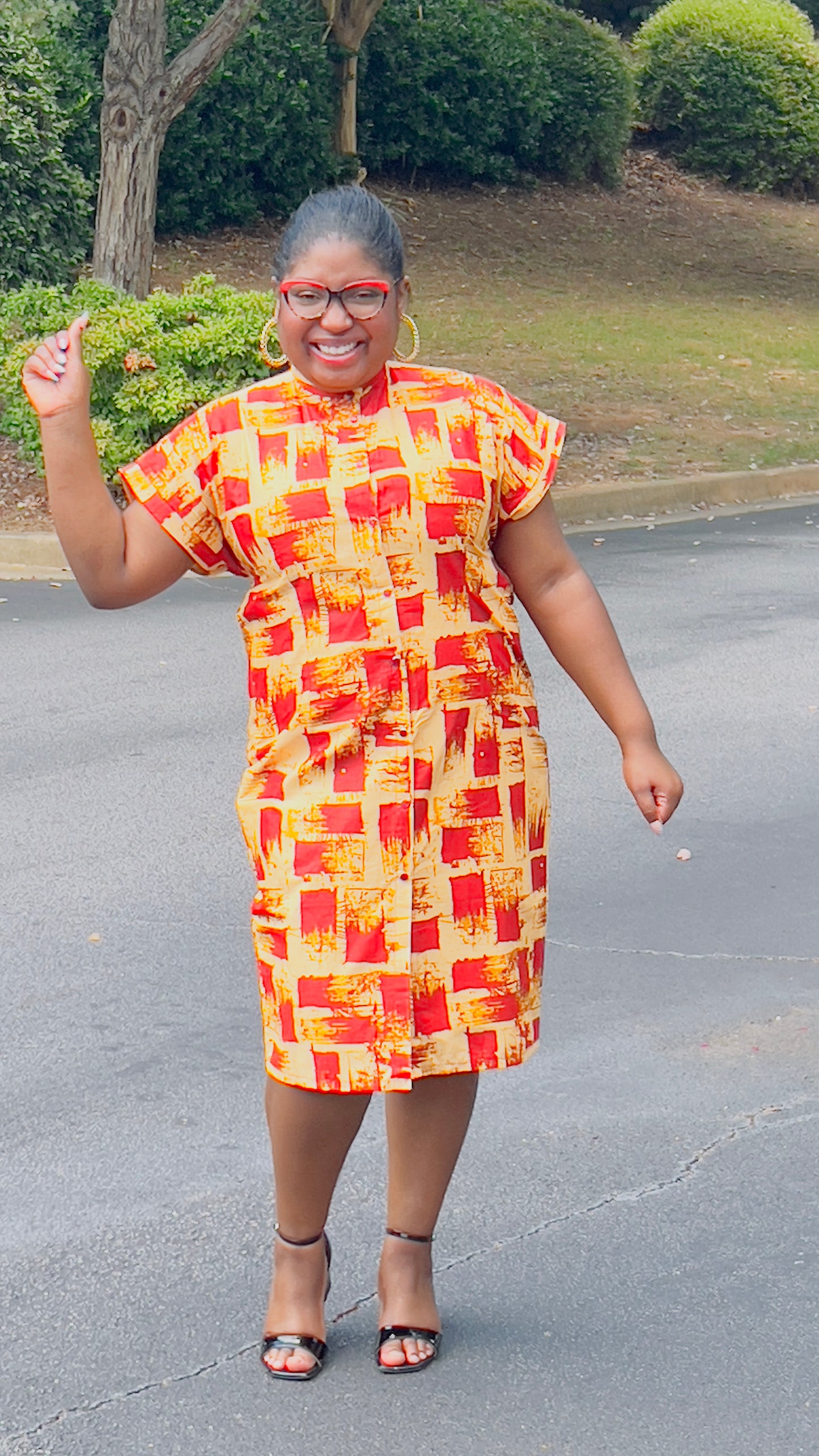 Women's Ankara Beige & Red-Stained Dress w/ Short Sleeves