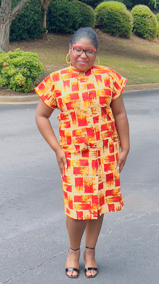 Women's Ankara Beige & Red-Stained Dress w/ Short Sleeves