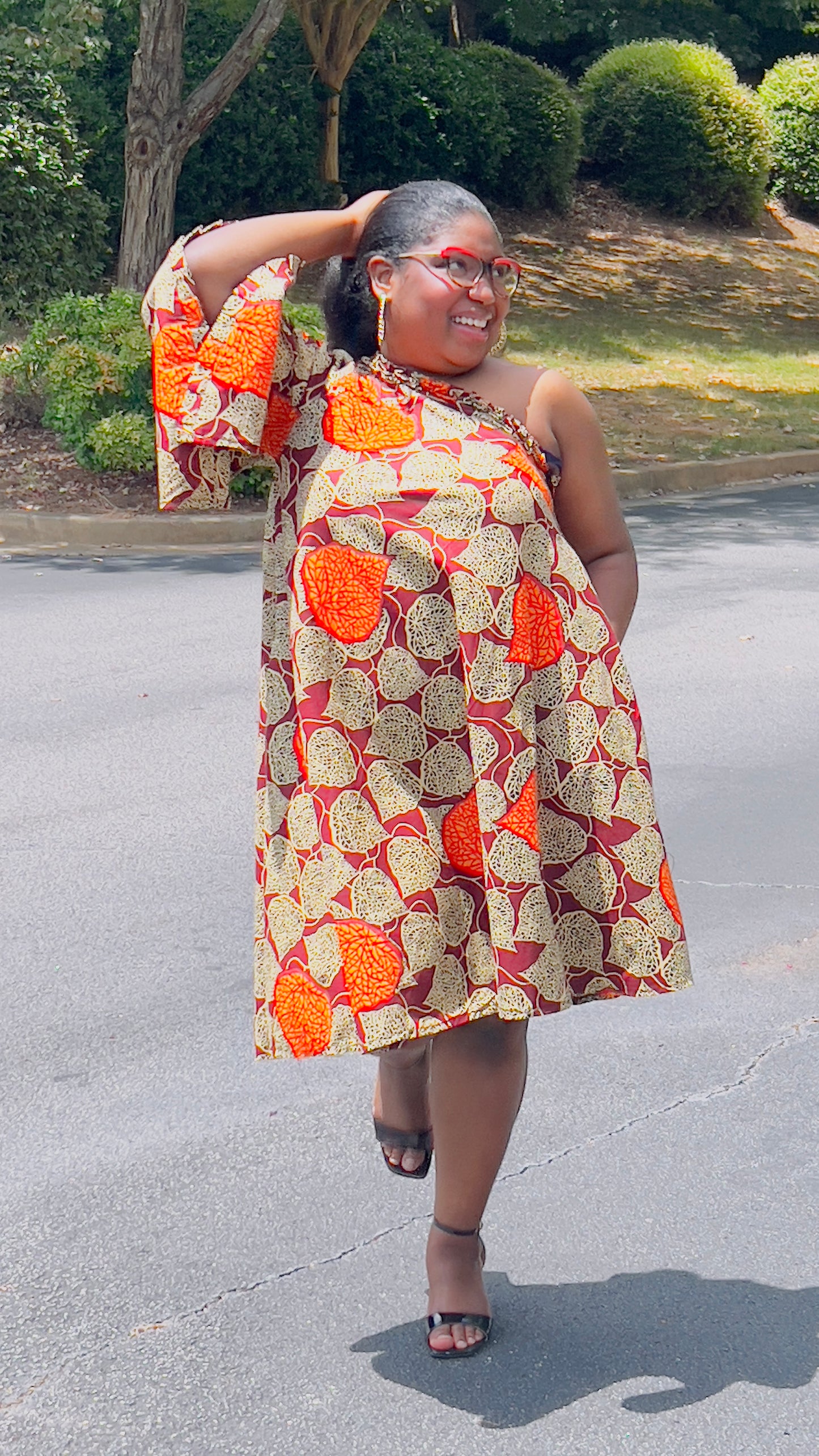Women's Ankara Red & Bright Orange Leaf Design Dress w/ Short Sleeves