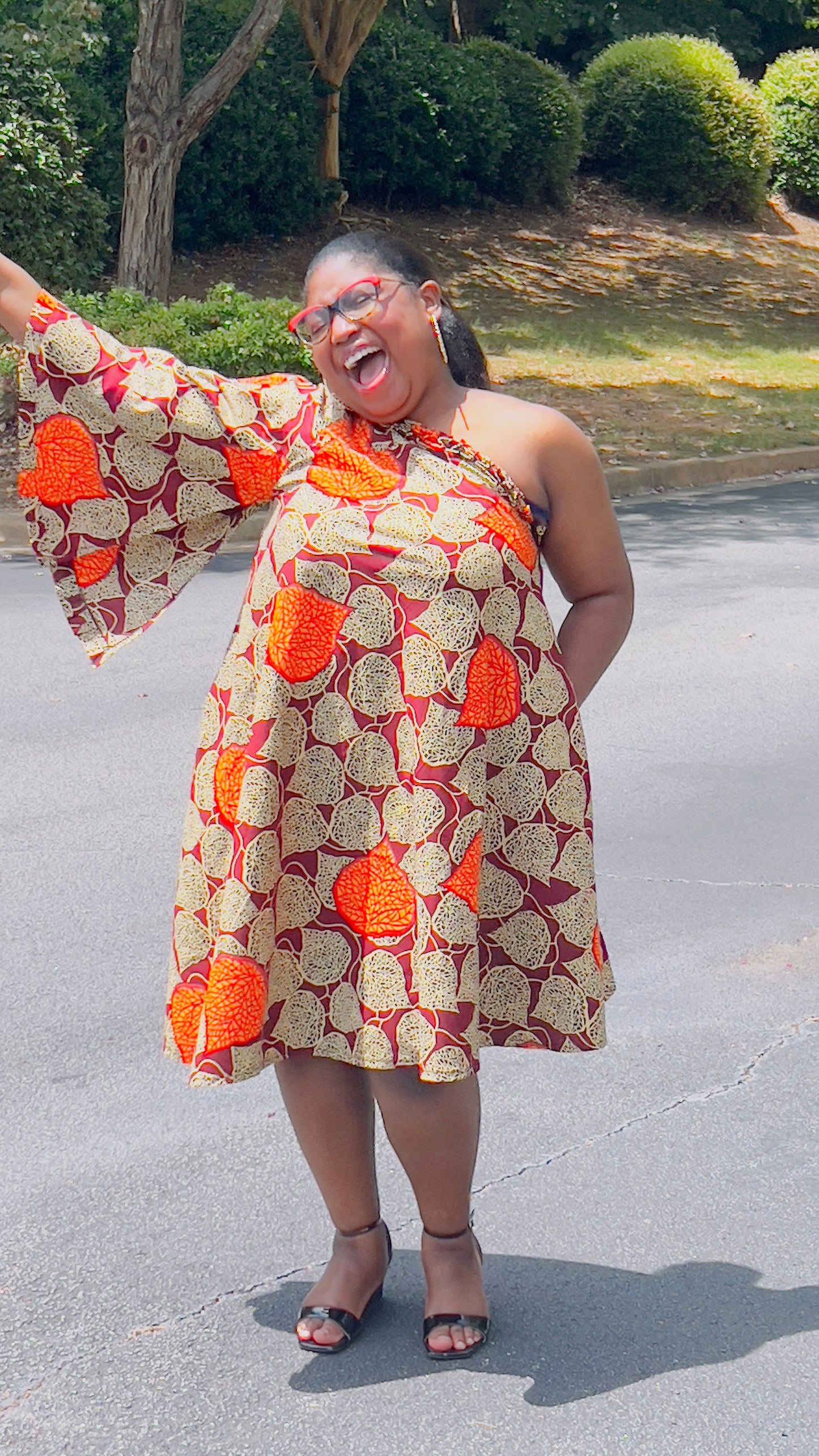Women's Ankara Red & Bright Orange Leaf Design Dress w/ Short Sleeves