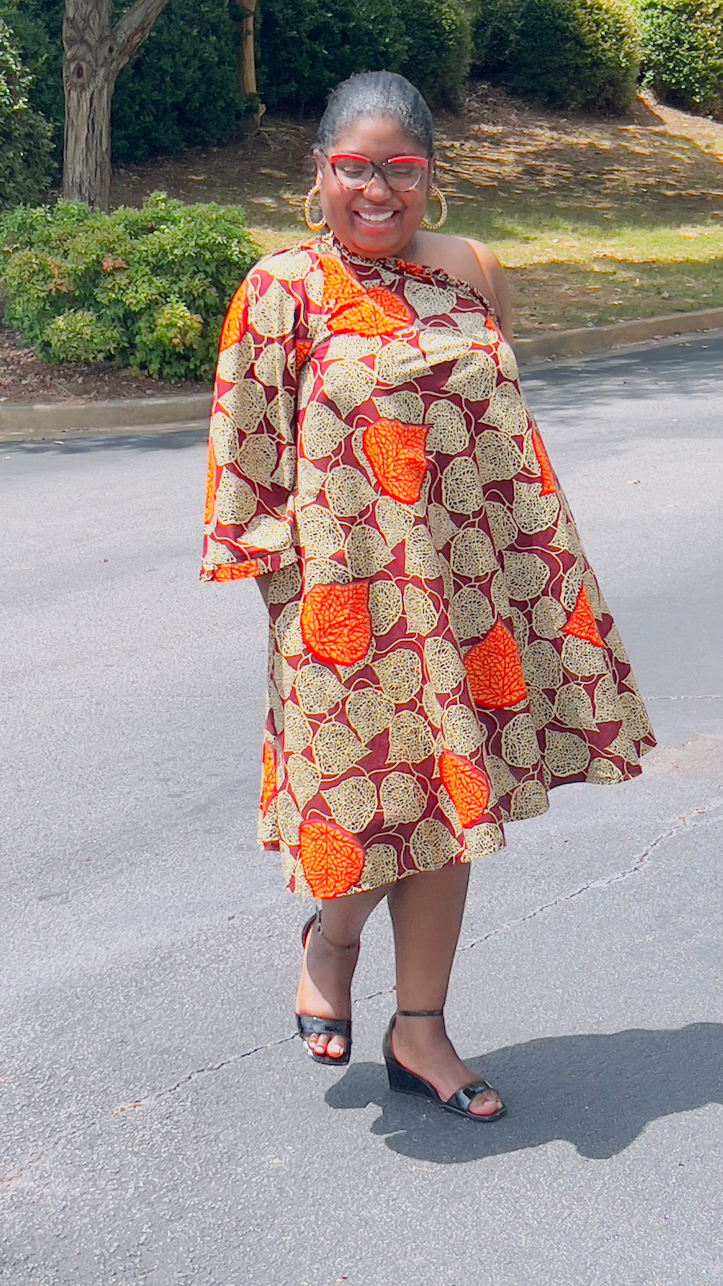 Women's Ankara Red & Bright Orange Leaf Design Dress w/ Short Sleeves