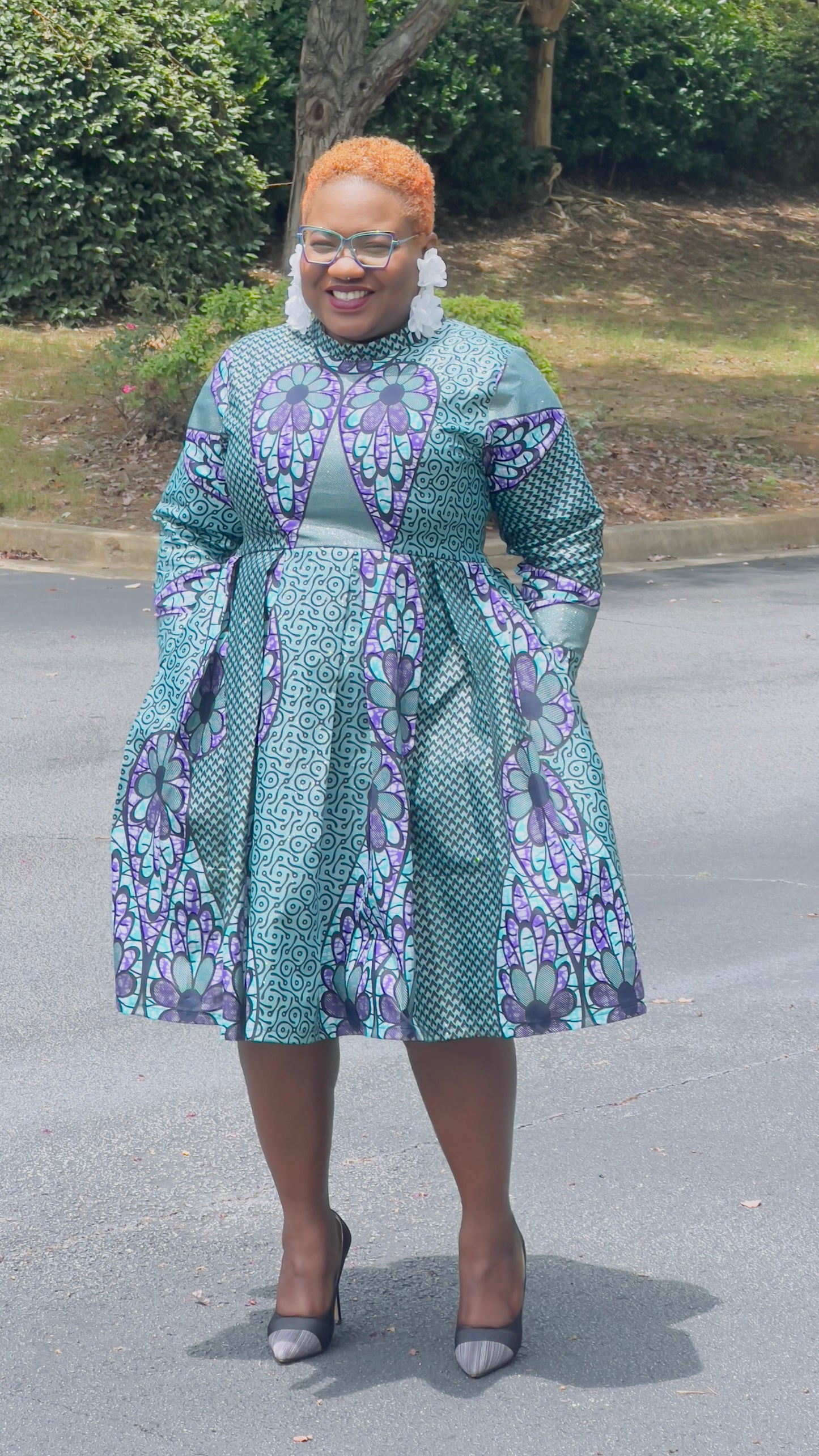 LIMITED EDITION Glitter Ankara Blue+Purple Ocean-Styled Women's Dress w/ Front Pockets
