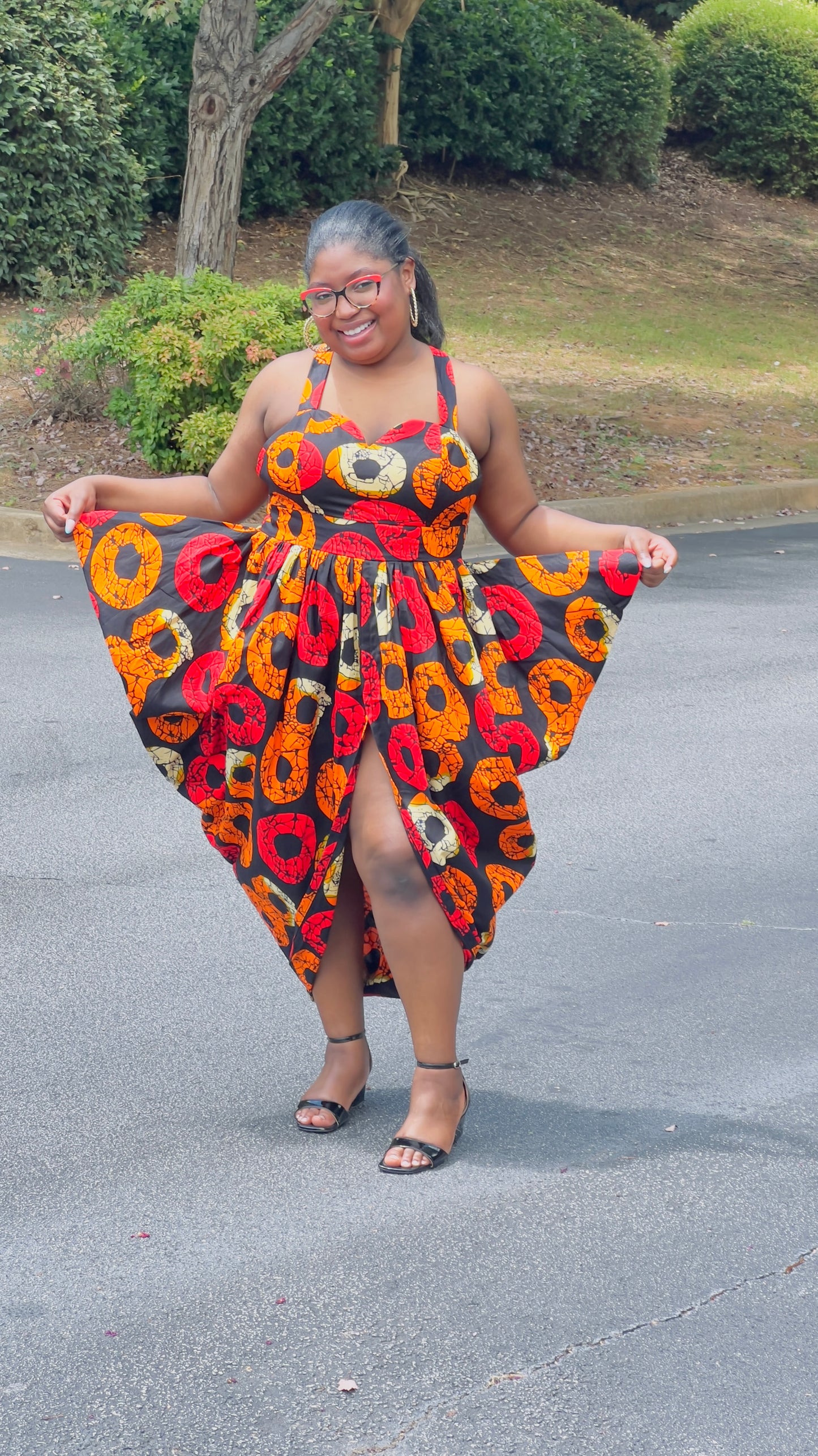 Women's Ankara Warm-Colored Ring Design Blouse w/ Shoulder Straps