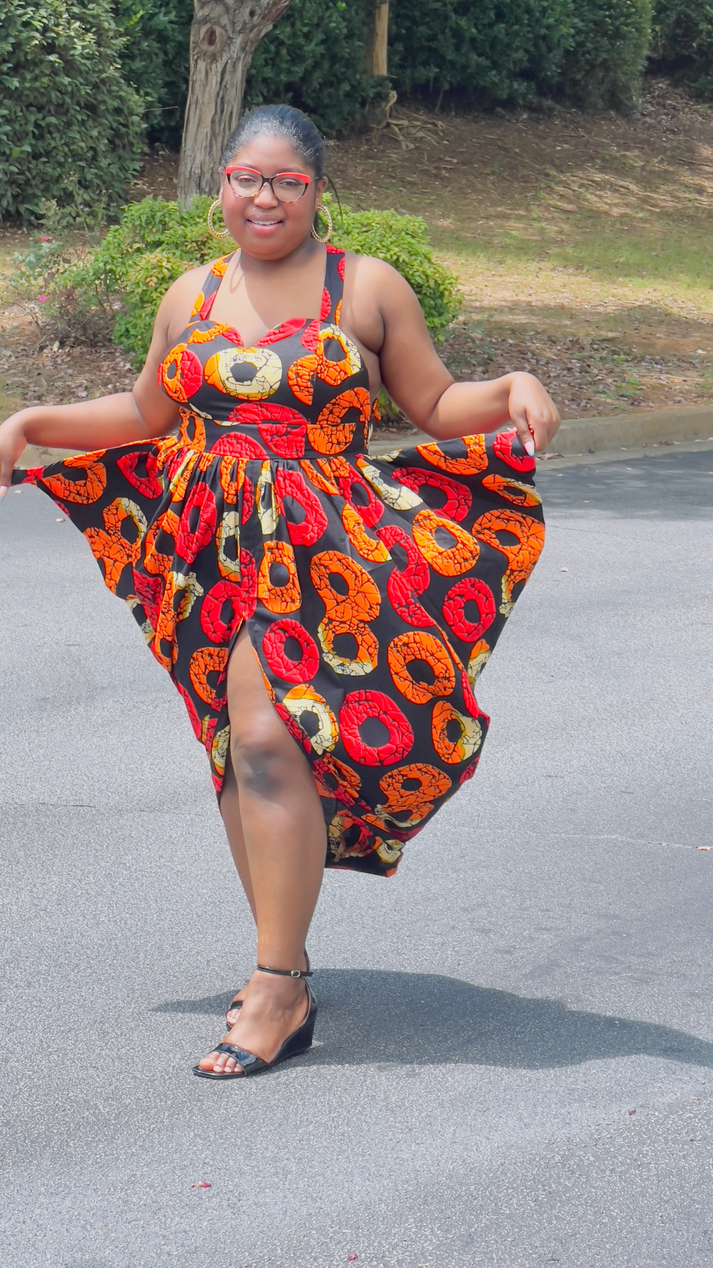 Women's Ankara Warm-Colored Ring Design Blouse w/ Shoulder Straps