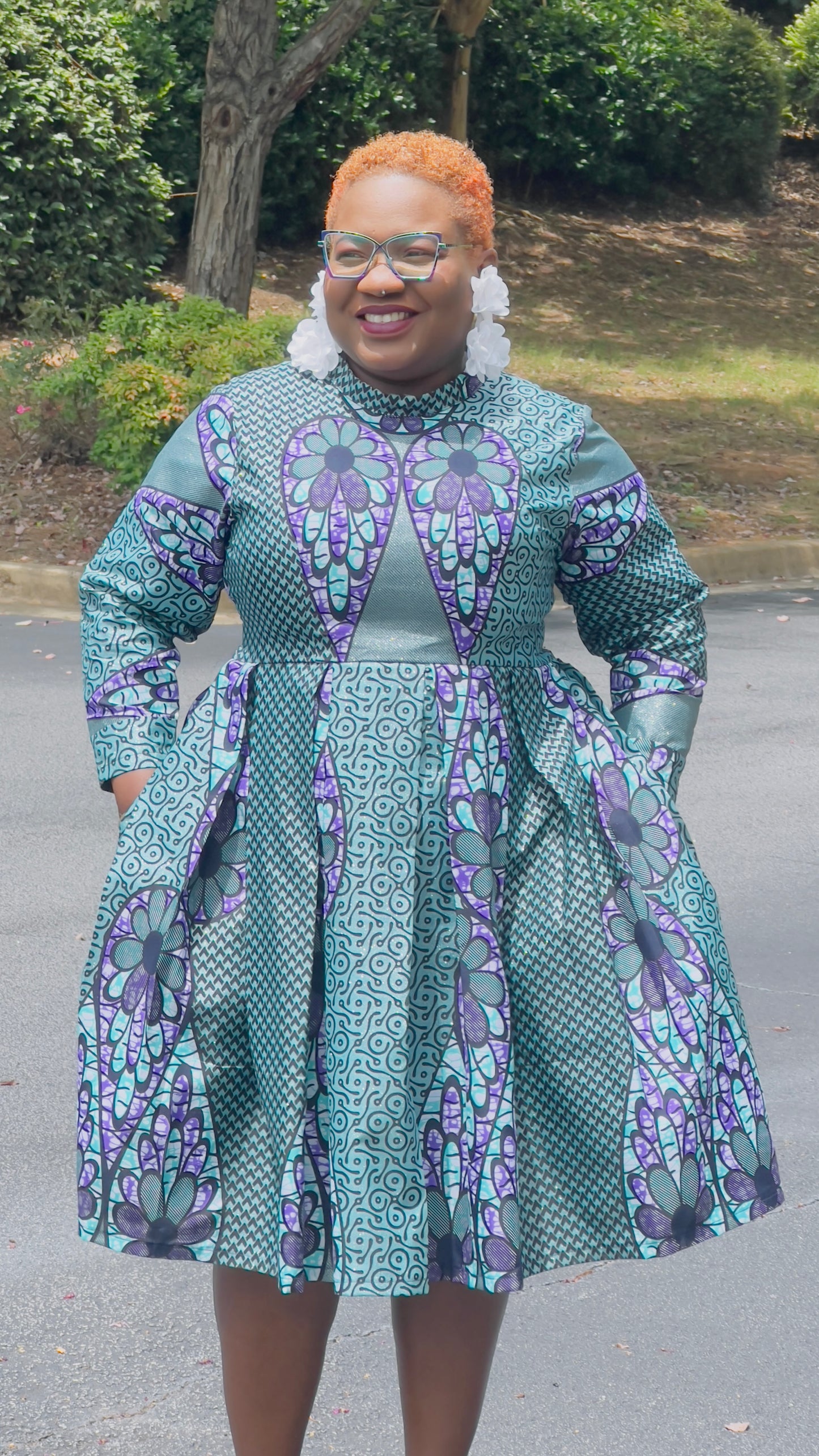 LIMITED EDITION Glitter Ankara Blue+Purple Ocean-Styled Women's Dress w/ Front Pockets