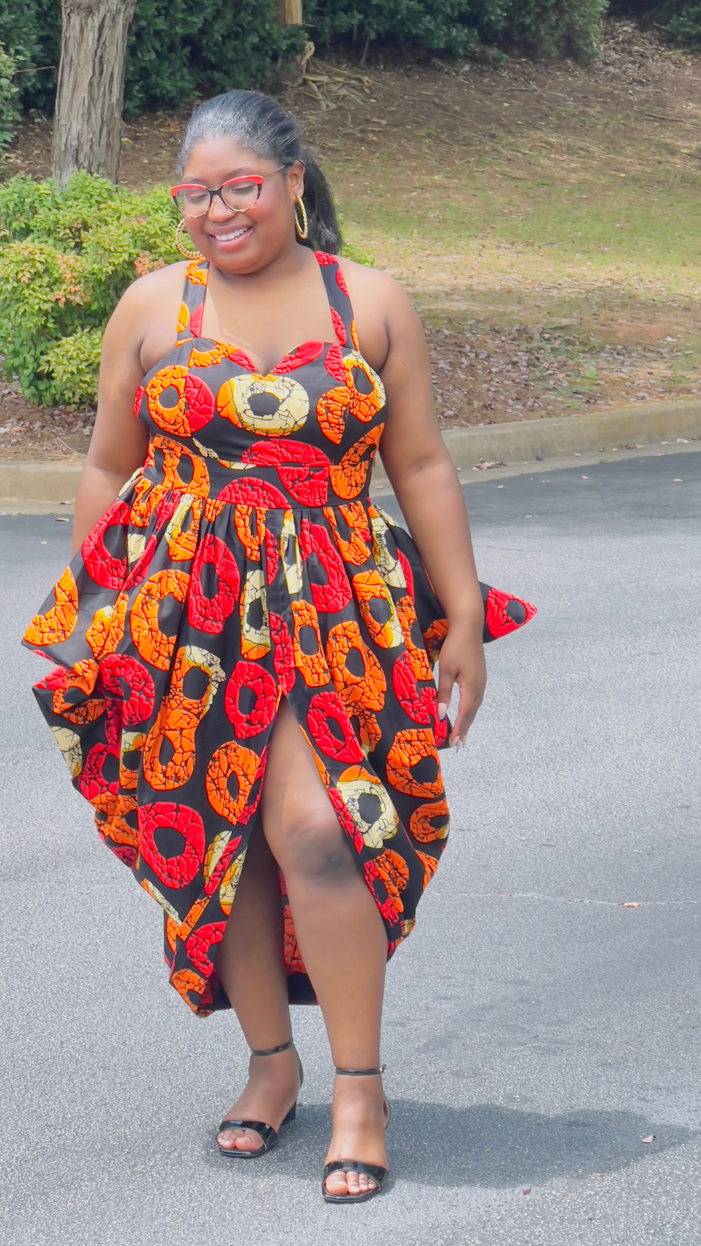 Women's Ankara Warm-Colored Ring Design Blouse w/ Shoulder Straps