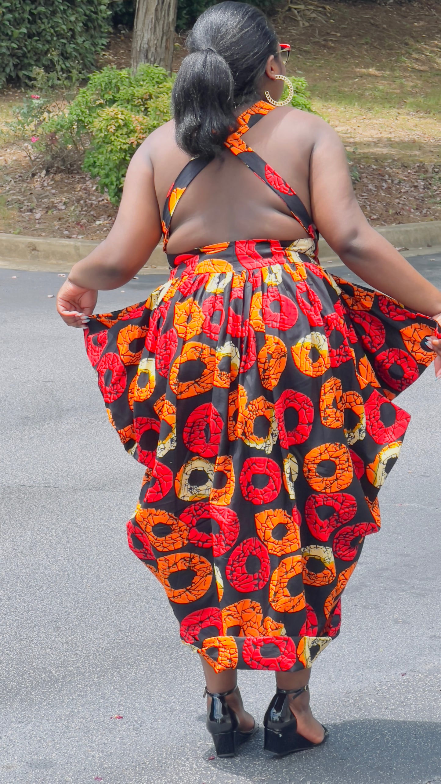 Women's Ankara Warm-Colored Ring Design Blouse w/ Shoulder Straps