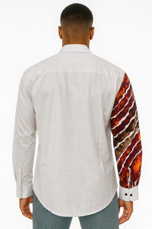 MEN'S White Long Sleeve T-Shirt w/ Warm-Colored Wavy Design