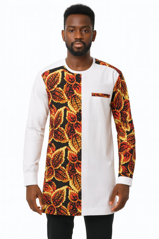 MEN'S White Long Sleeve T-Shirt w/ Autumn-Colored Leaf Design