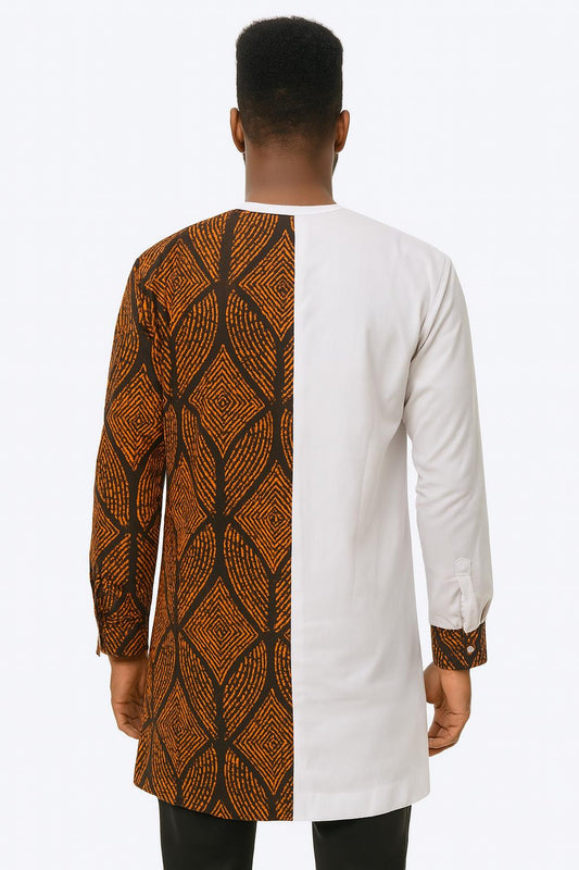 MEN'S White Long Sleeve T-Shirt w/ Black & Brown Striped Design