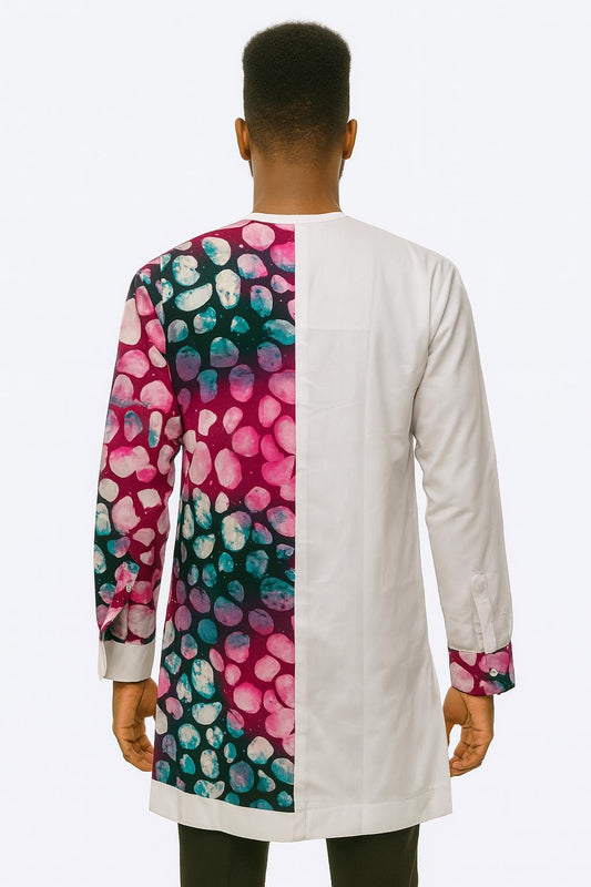 MEN'S White Long Sleeve T-Shirt w/ Pink & Green Blob Design