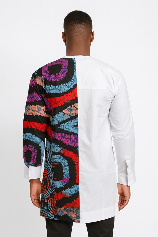 MEN'S White Long Sleeve T-Shirt w/ Multi-Colored Abstract Design