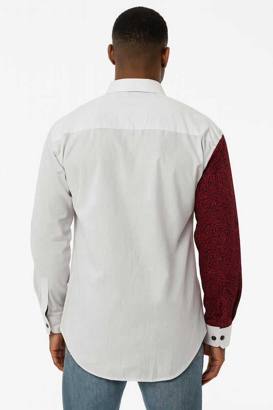 MEN'S White Long Sleeve T-Shirt w/ Red & Black Abstract Design