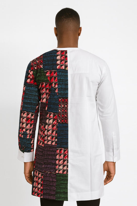 MEN'S White Long Sleeve T-Shirt w/ Multi-Colored Geometric Pattern