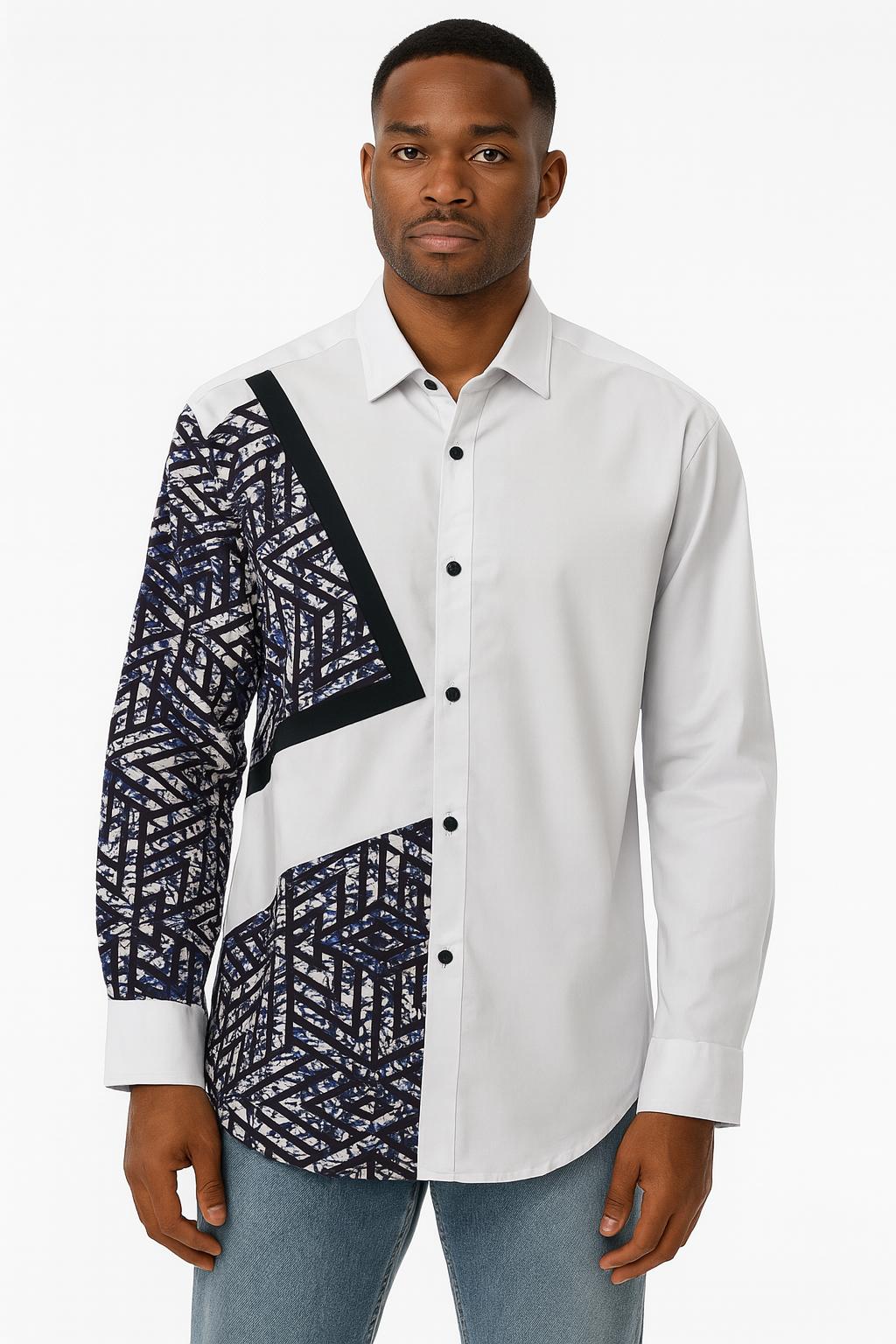 MEN'S White Long Sleeve T-Shirt w/ Black & White Geometric Design