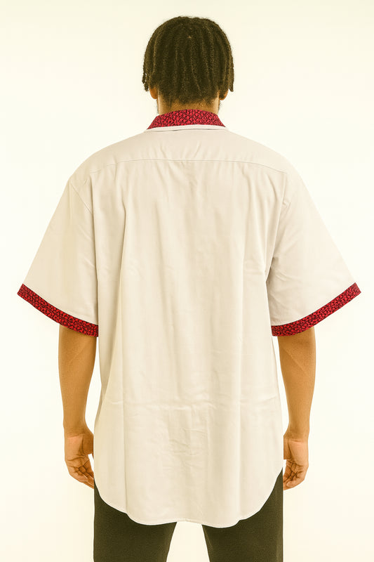 MEN'S White Short Sleeve T-Shirt w/ Red & Black Abstract Design