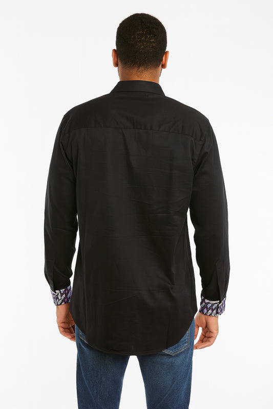 MEN'S Black Long Sleeve T-Shirt w/ Black & White Geometric Design