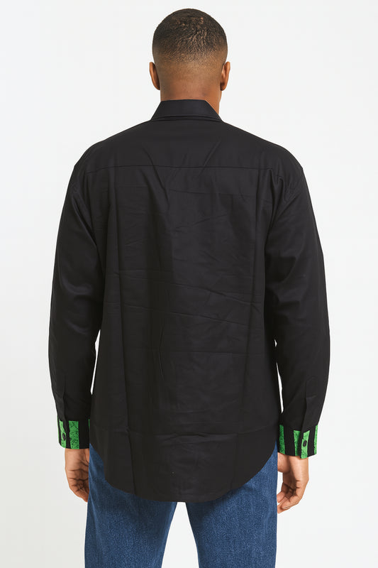MEN'S Black Long Sleeve T-Shirt w/ Black & Green Striped Design