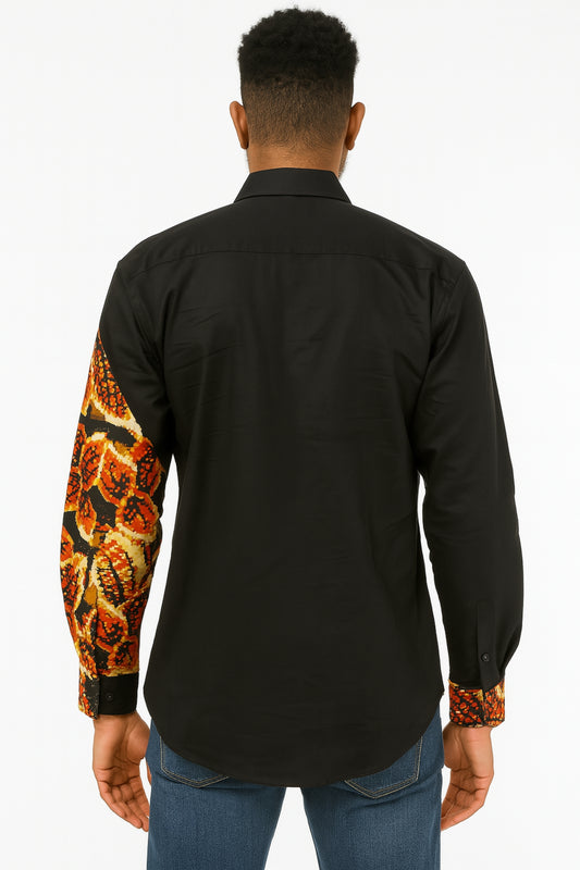 MEN'S Black Long Sleeve T-Shirt w/ Autumn-Colored Leaf Design