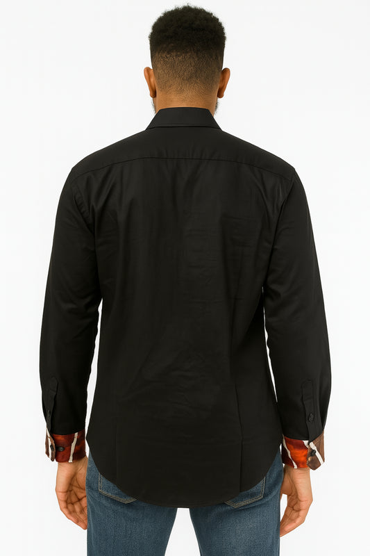 MEN'S Black Long Sleeve T-Shirt w/ Warm-Colored Wavy Design