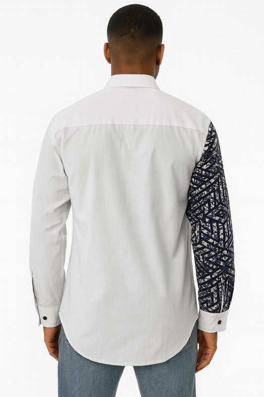 MEN'S White Long Sleeve T-Shirt w/ Black & White Geometric Design