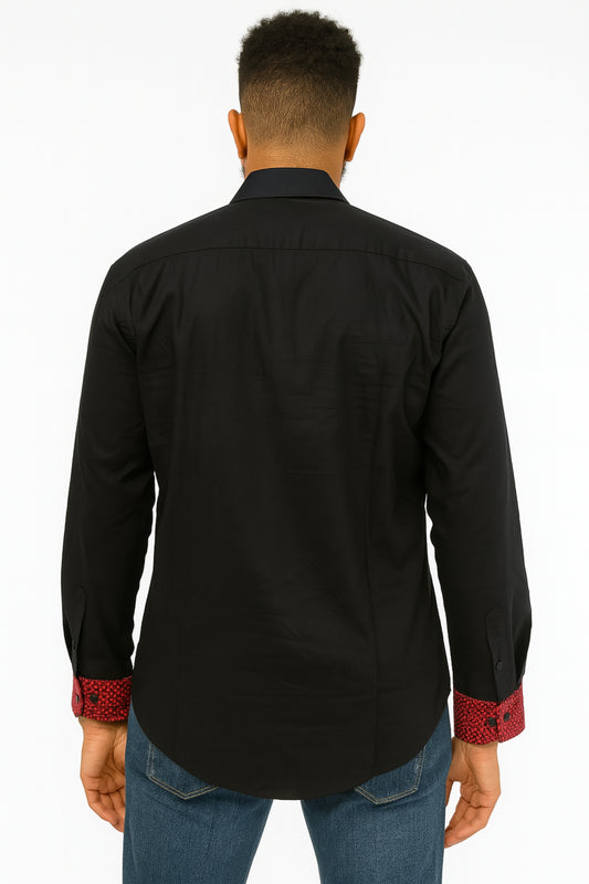 MEN'S Black Long Sleeve T-Shirt w/ Red & Black Abstract Design