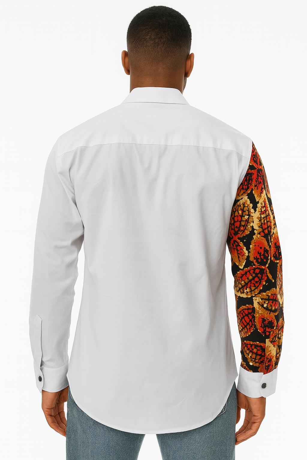 MEN'S White Long Sleeve T-Shirt w/ Autumn-Colored Leaf Design