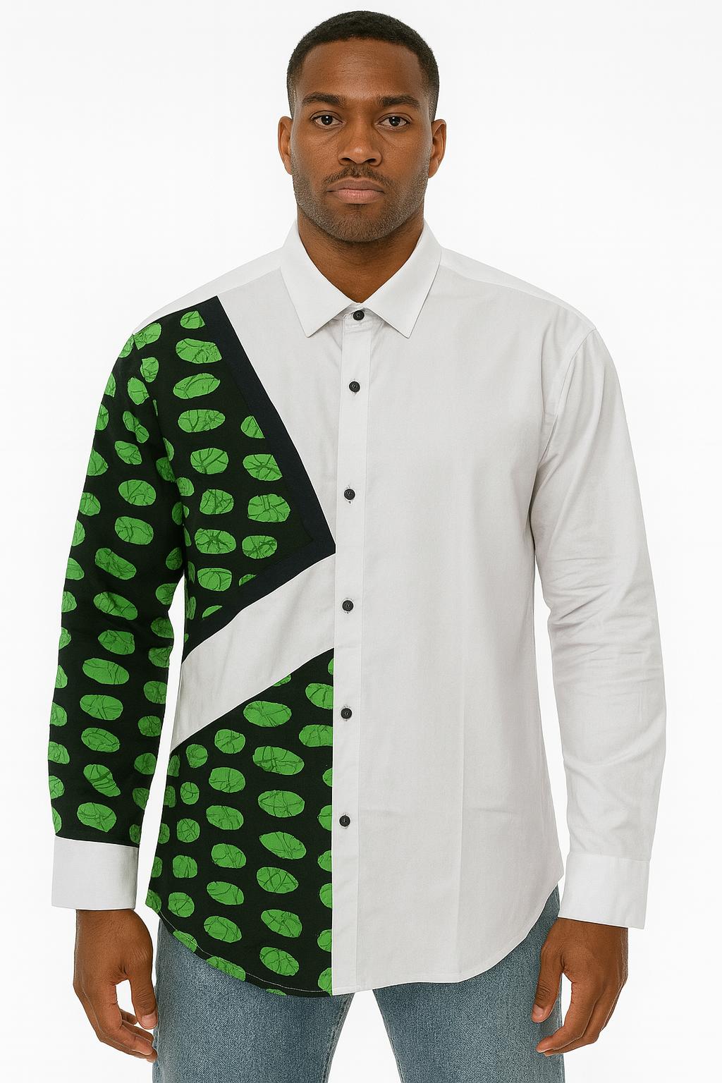 MEN'S White Long Sleeve T-Shirt w/ Black & Green Oval Design