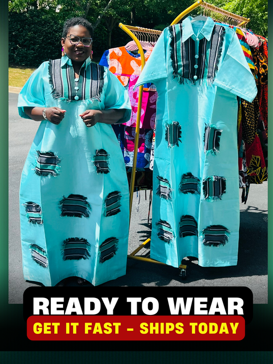 Woman wearing a floor-length Aso Oke dress with vibrant African prints, featuring a fitted bodice and flared skirt, posing outdoors.