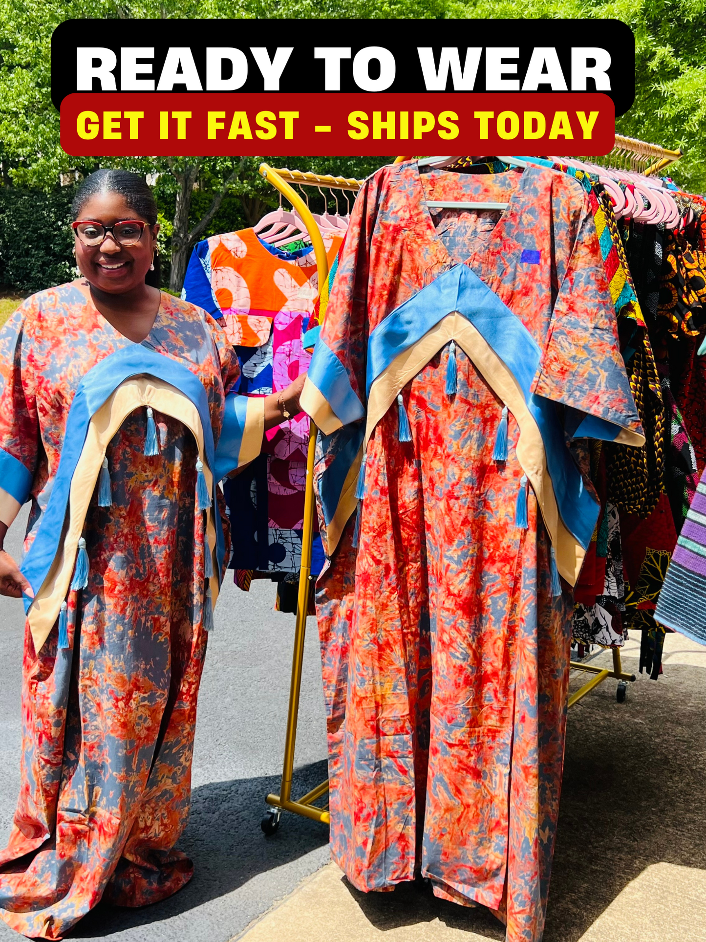Woman wearing a floor-length Adire and Kampala print dress with angular crepe accents and tassel details, standing outdoors.
