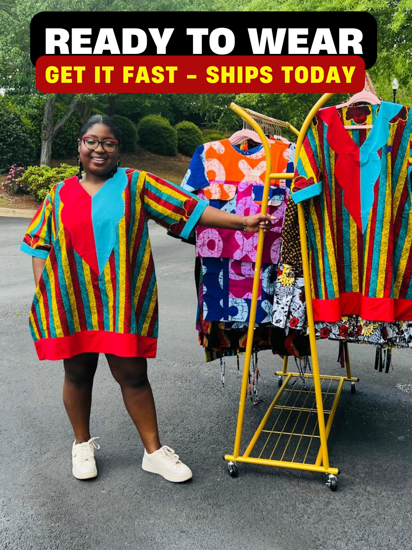 Woman wearing a vibrant African Ankara print mini dress with short sleeves and a flattering A-line silhouette, standing outdoors.