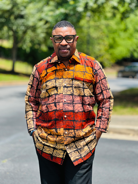 Men's READY-TO-WEAR Warm-Colored Block Pattern T-Shirt w/ Long Sleeves