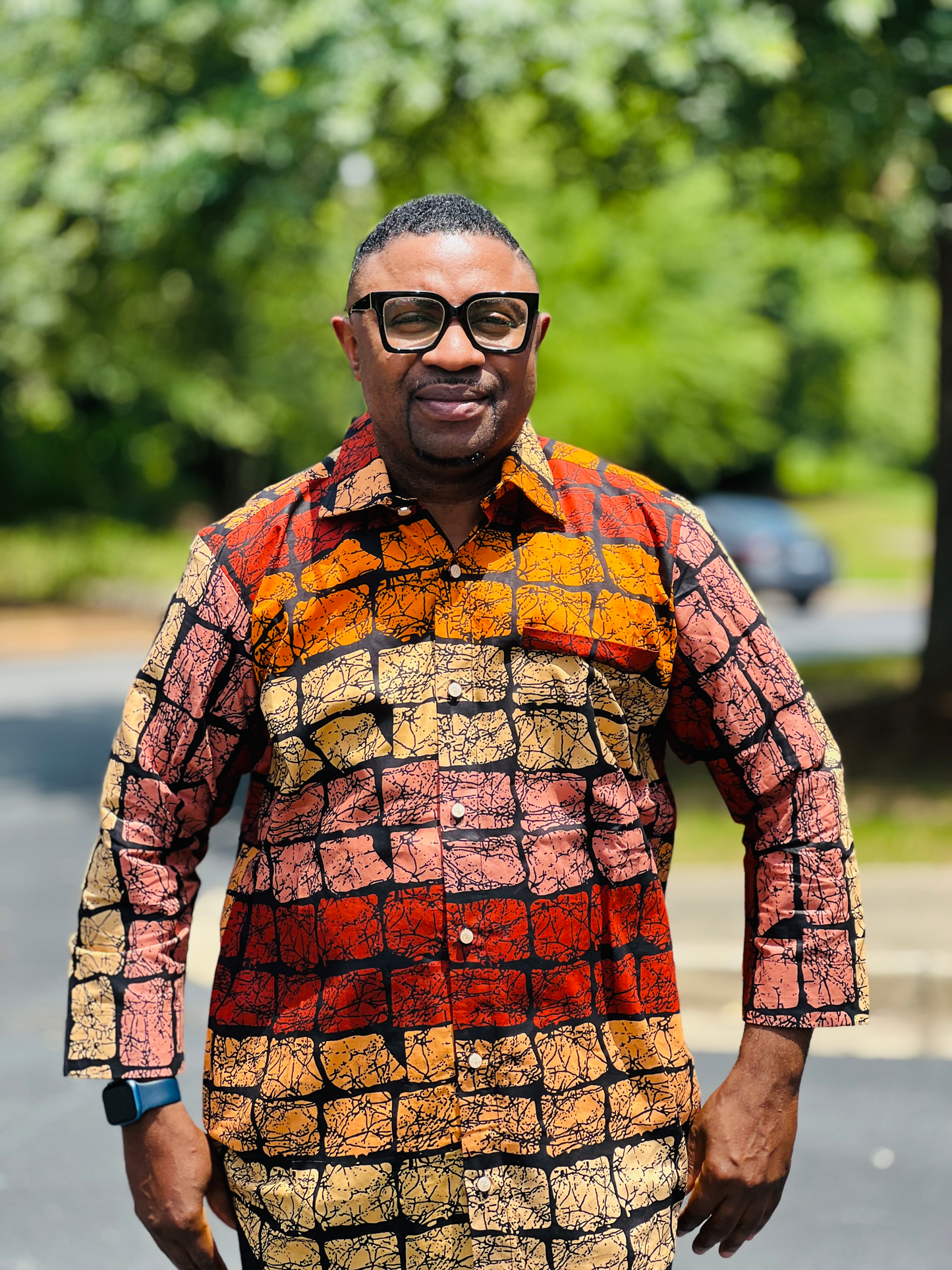 Men's READY-TO-WEAR Warm-Colored Block Pattern T-Shirt w/ Long Sleeves