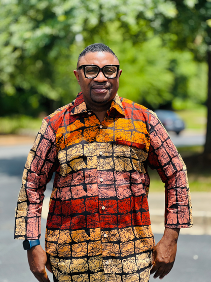 Men's READY-TO-WEAR Warm-Colored Block Pattern T-Shirt w/ Long Sleeves
