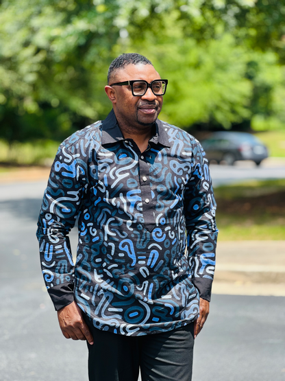Men's READY-TO-WEAR Blue Abstract Designed T-Shirt w/ Long Sleeves