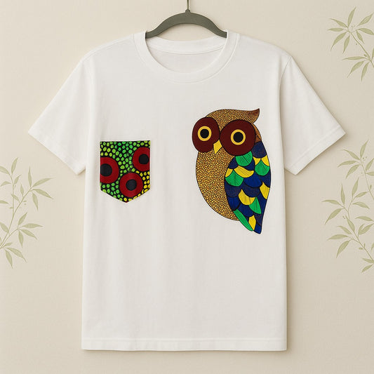 Unisex CUSTOM White T-Shirt w/ Front Pocket & Owl Design - Delightful Couture