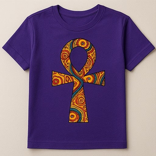 Unisex CUSTOM Purple T-Shirt w/ Swirly African Ankh Cross Design - Delightful Couture